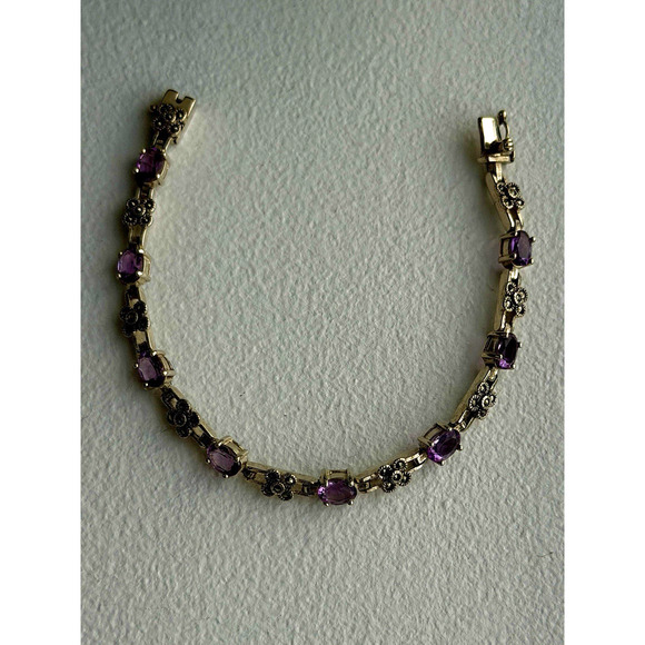 FAS 925 Sterling Silver Amethyst & Marcasite Flower Bracelet 7